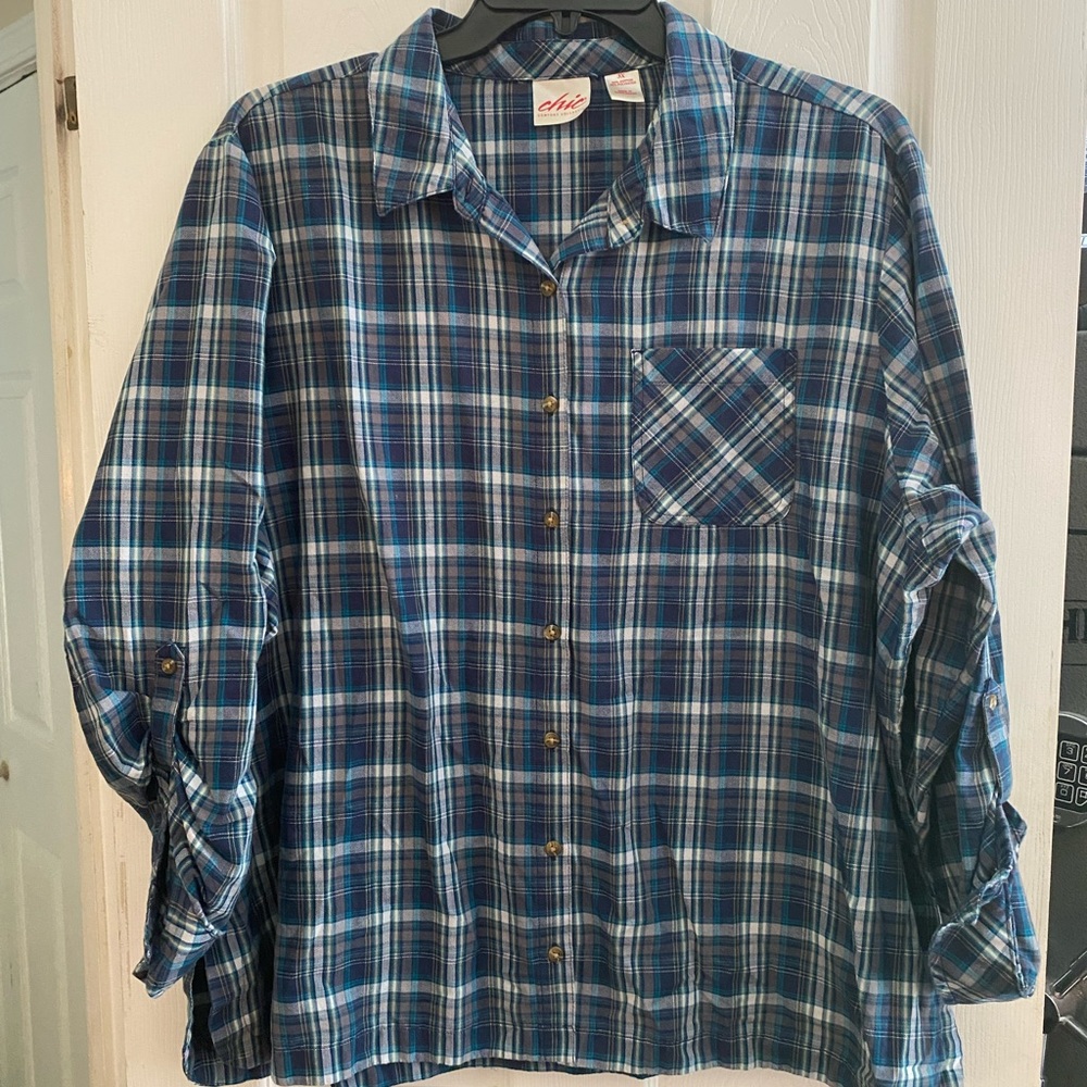 Chic comfort collection blue plaid button down size 3X